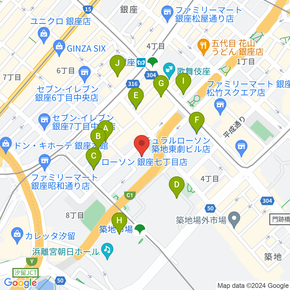 新橋演舞場周辺のコンビニエンスストア一覧地図
