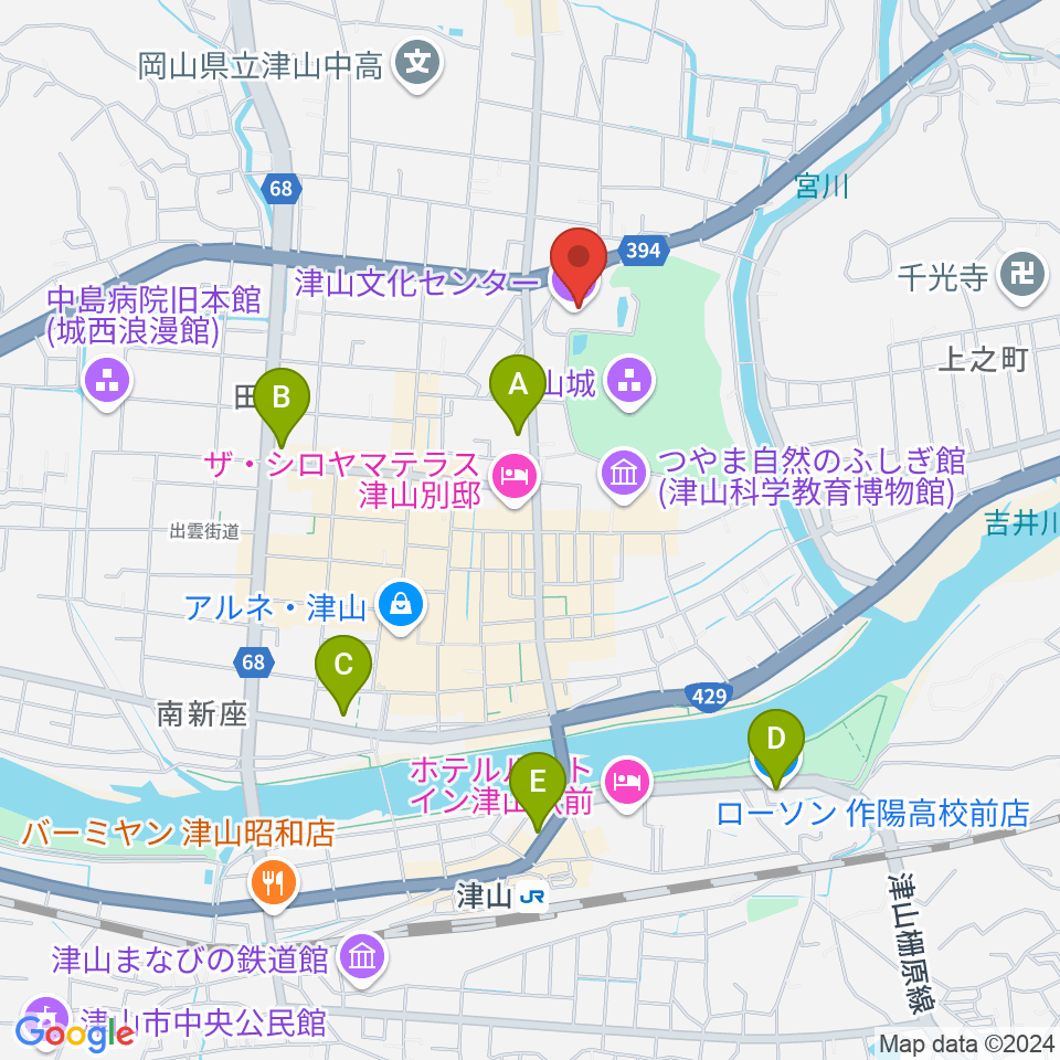 津山文化センター周辺のコンビニエンスストア一覧地図