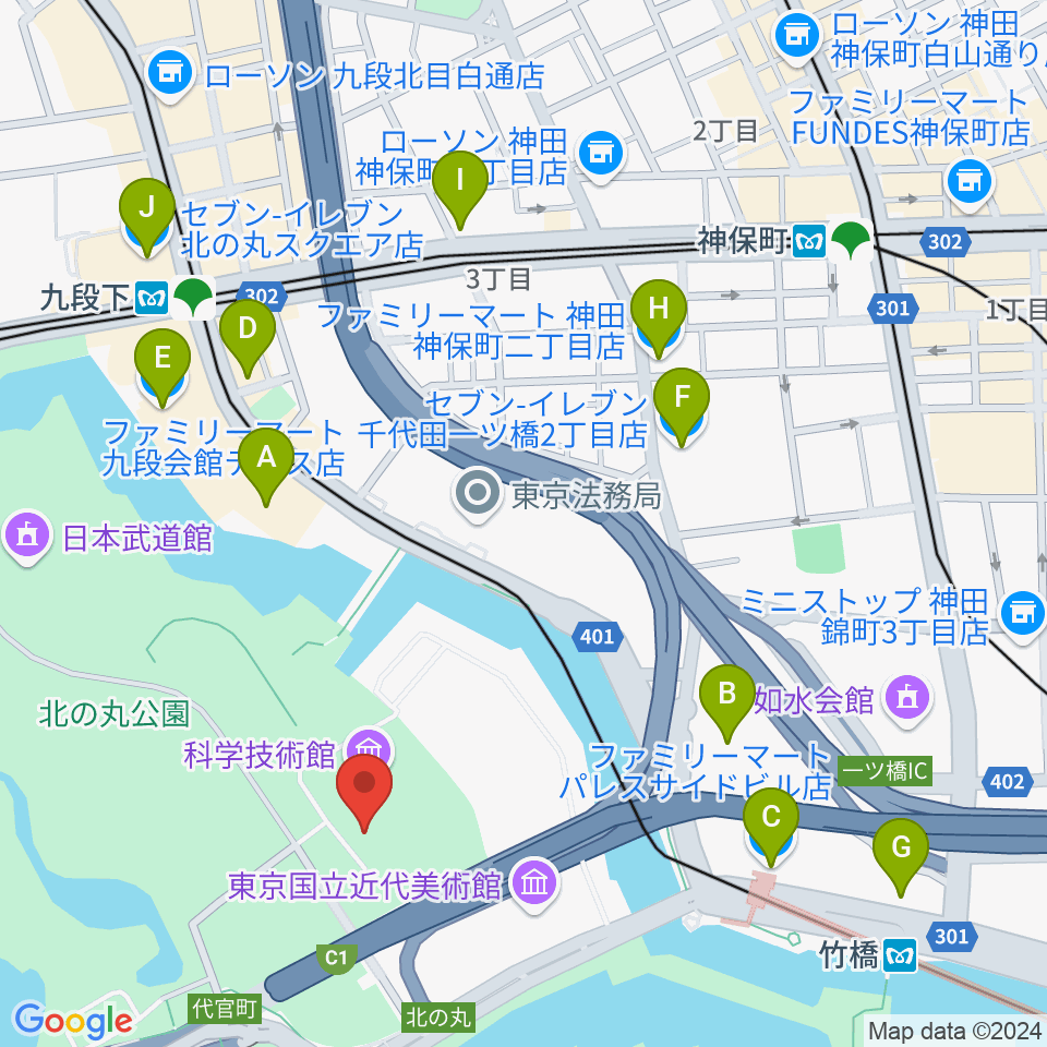 科学技術館周辺のコンビニエンスストア一覧地図