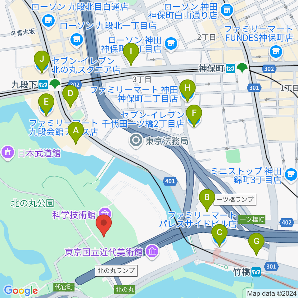 科学技術館周辺のコンビニエンスストア一覧地図