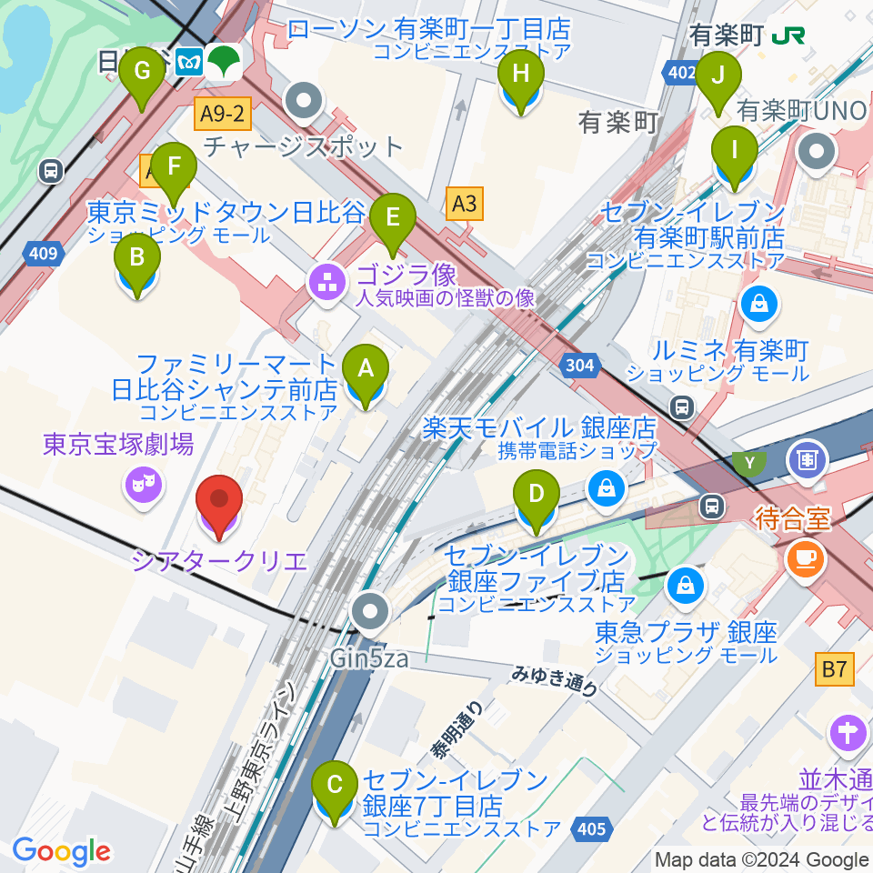 シアタークリエ周辺のコンビニエンスストア一覧地図