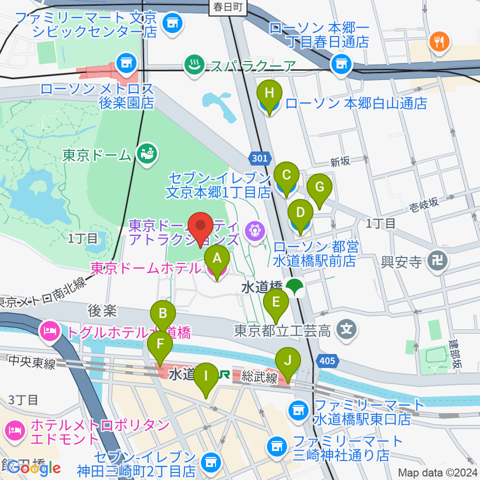 東京ドームシティプリズムホール周辺のコンビニエンスストア一覧地図