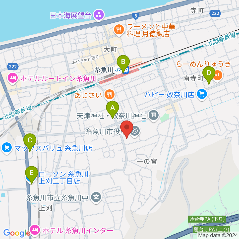 糸魚川市民会館周辺のコンビニエンスストア一覧地図