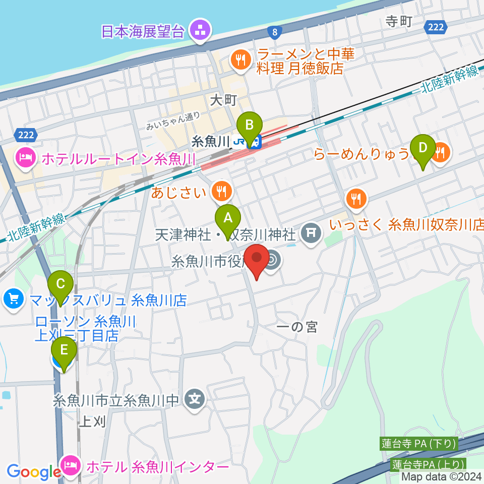 糸魚川市民会館周辺のコンビニエンスストア一覧地図