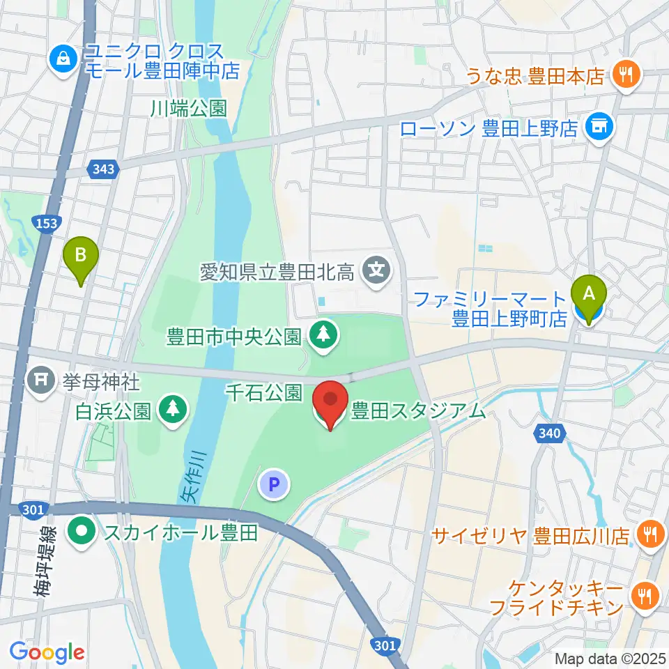 豊田スタジアム周辺のコンビニエンスストア一覧地図
