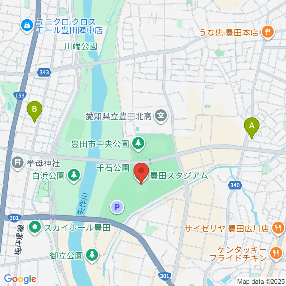 豊田スタジアム周辺のコンビニエンスストア一覧地図