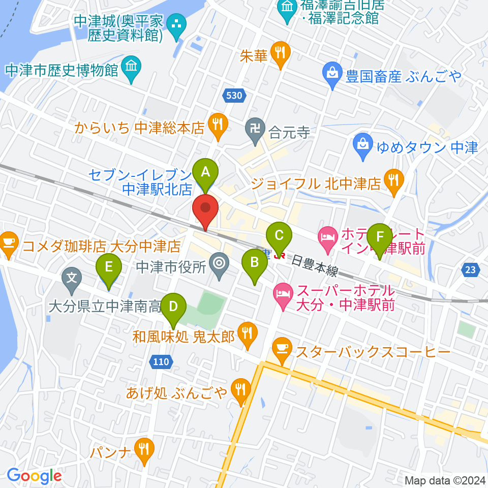 中津Aco-Place プレイヤー楽器店周辺のコンビニエンスストア一覧地図