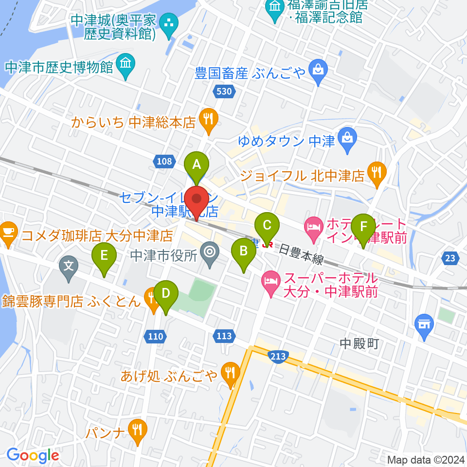 中津Aco-Place プレイヤー楽器店周辺のコンビニエンスストア一覧地図