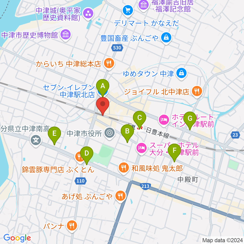 中津Aco-Place プレイヤー楽器店周辺のコンビニエンスストア一覧地図