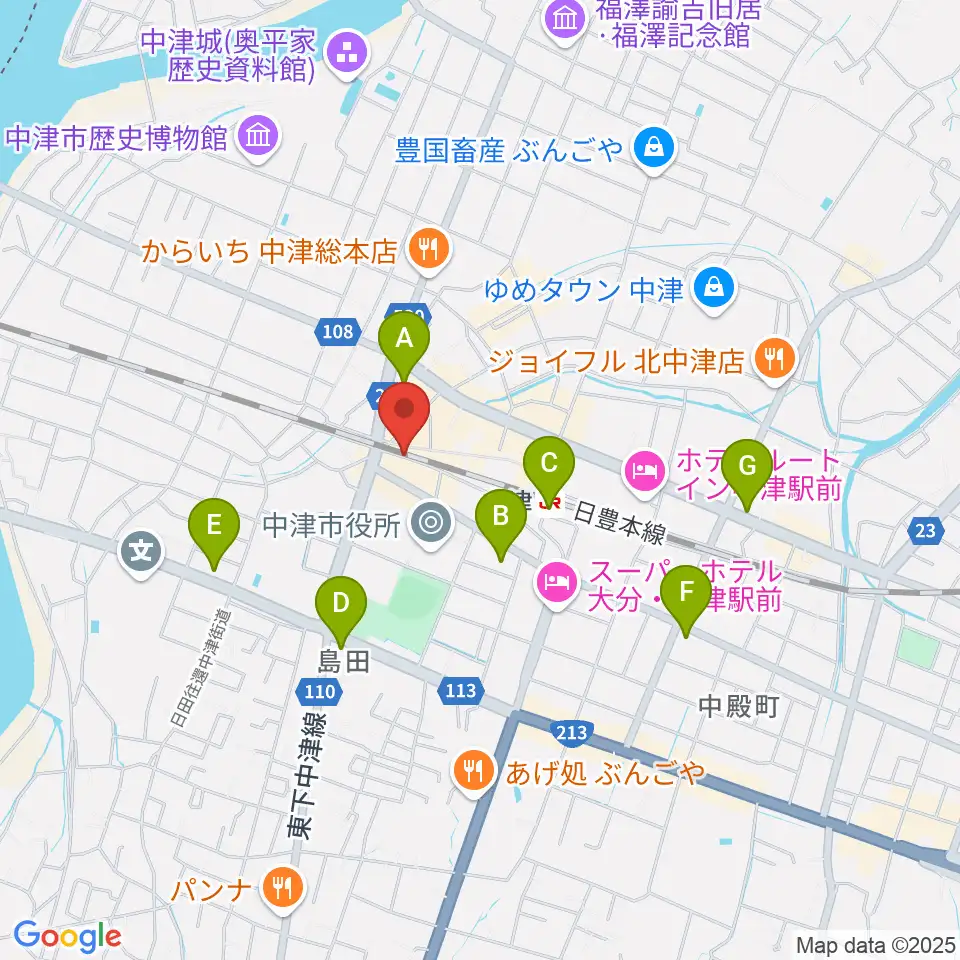 中津Aco-Place プレイヤー楽器店周辺のコンビニエンスストア一覧地図