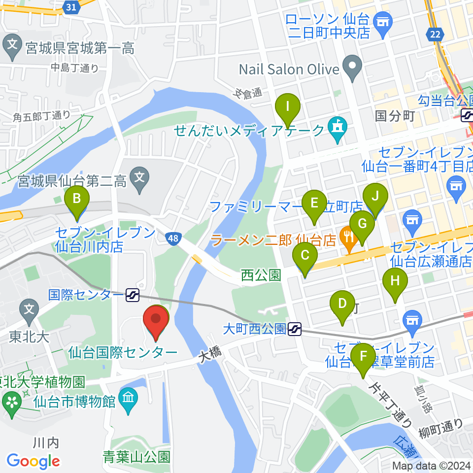 仙台国際センター周辺のコンビニエンスストア一覧地図