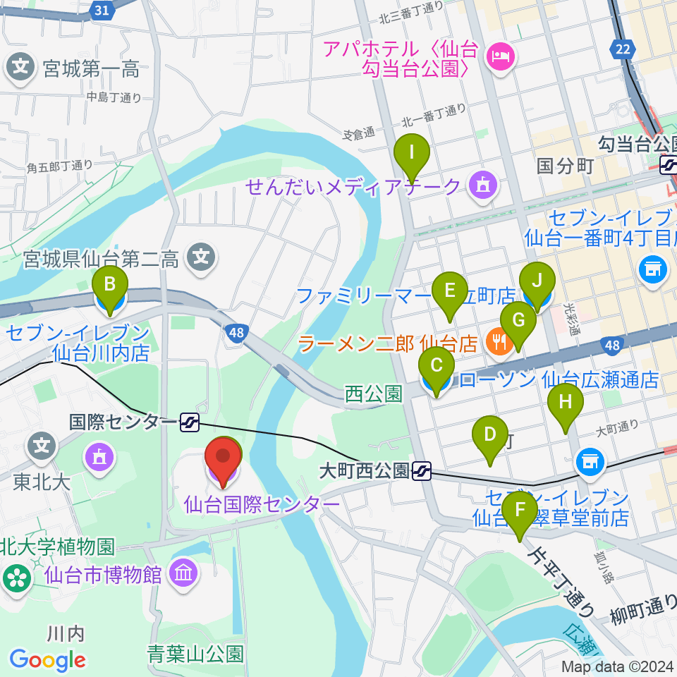 仙台国際センター周辺のコンビニエンスストア一覧地図