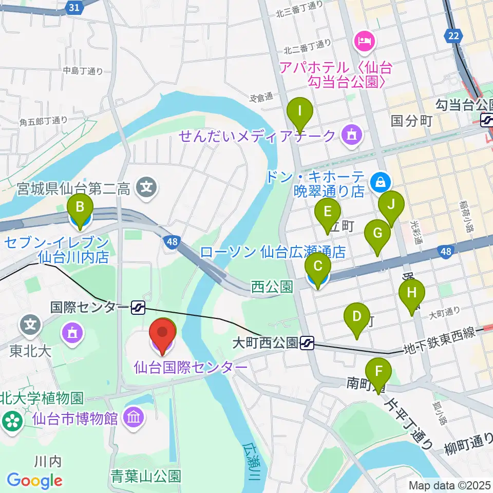 仙台国際センター周辺のコンビニエンスストア一覧地図