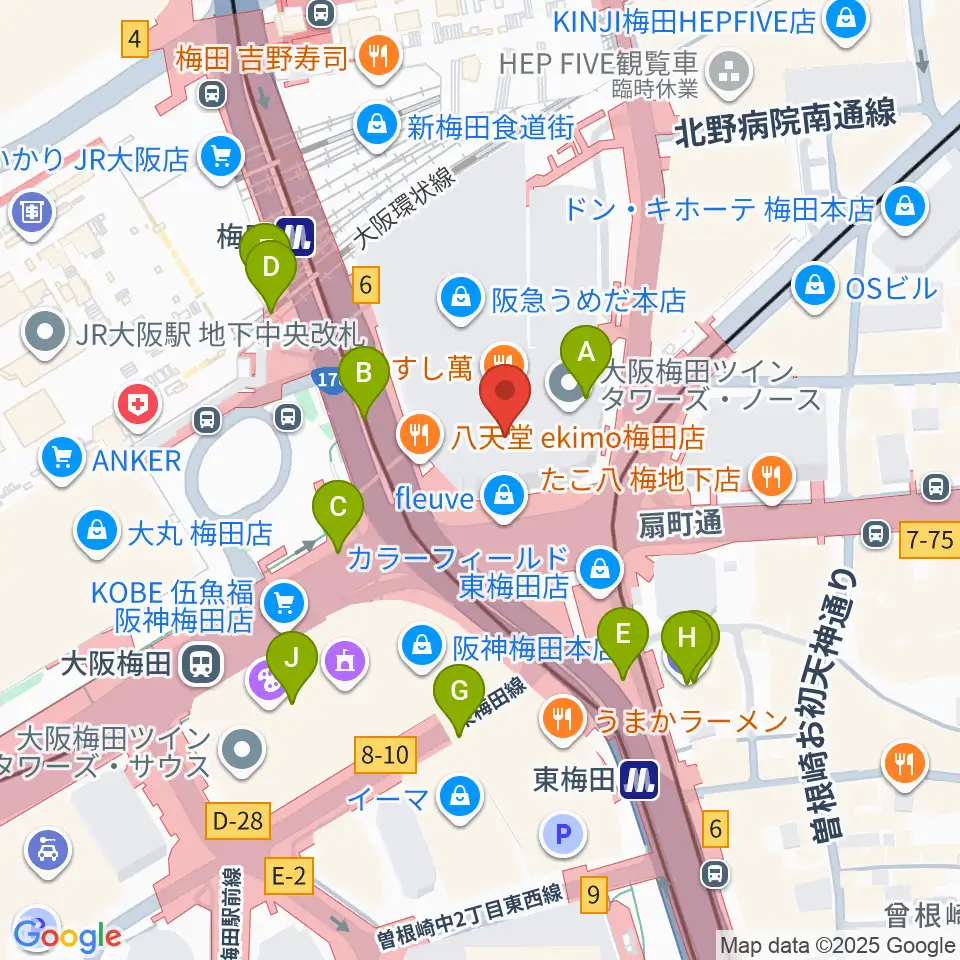 阪急うめだホール周辺のコンビニエンスストア一覧地図