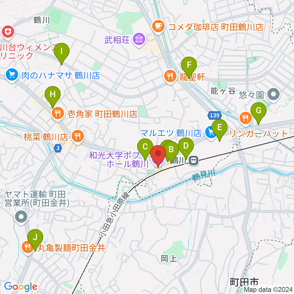 和光大学ポプリホール鶴川周辺のコンビニエンスストア一覧地図