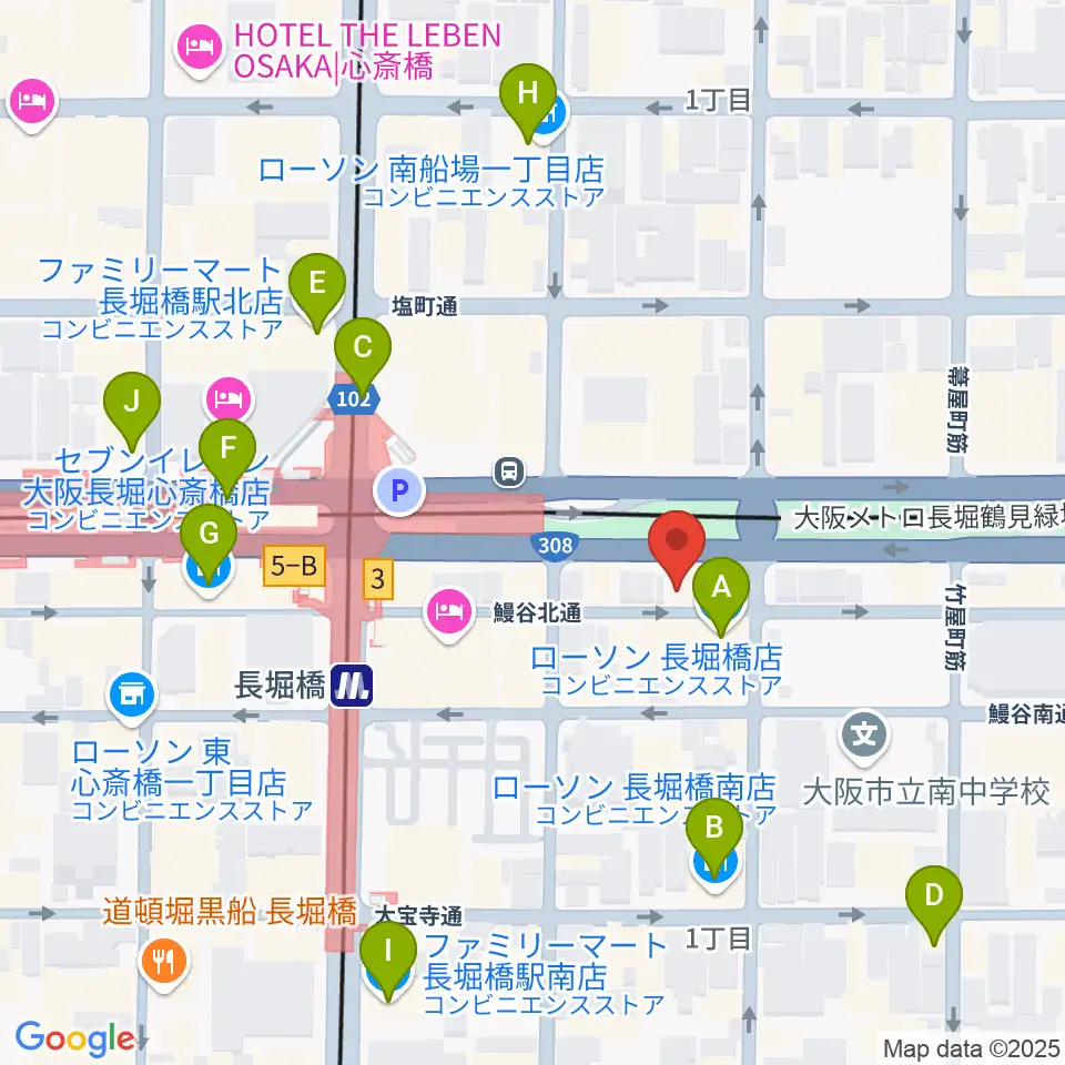 長堀橋WAXX周辺のコンビニエンスストア一覧地図