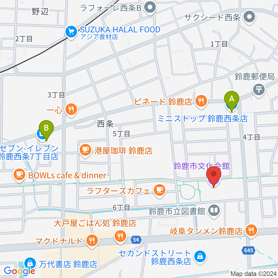 鈴鹿市文化会館周辺のコンビニエンスストア一覧地図