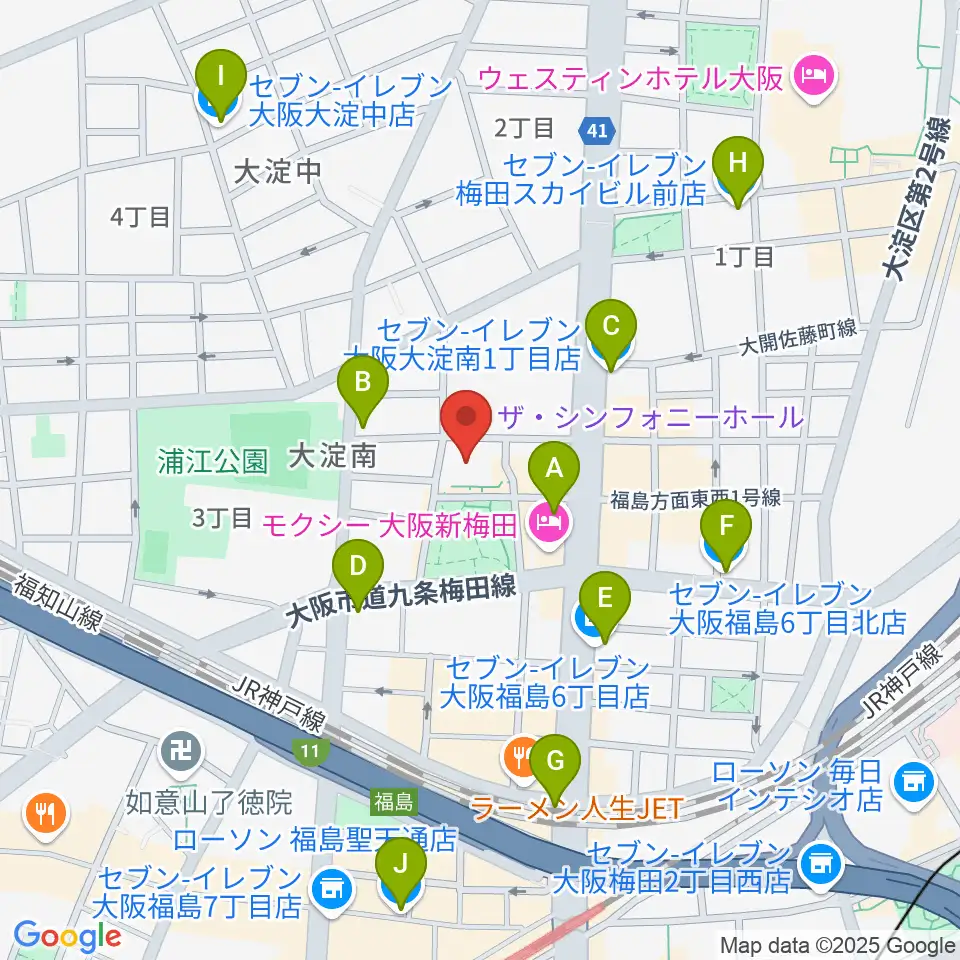 ザ・シンフォニーホール周辺のコンビニエンスストア一覧地図