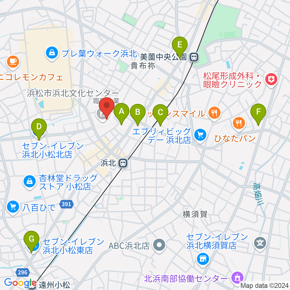 浜松市浜北文化センター周辺のコンビニエンスストア一覧地図