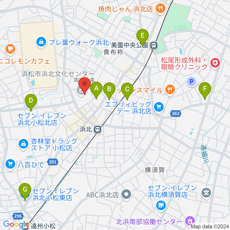 浜松市浜北文化センター周辺のコンビニエンスストア一覧地図