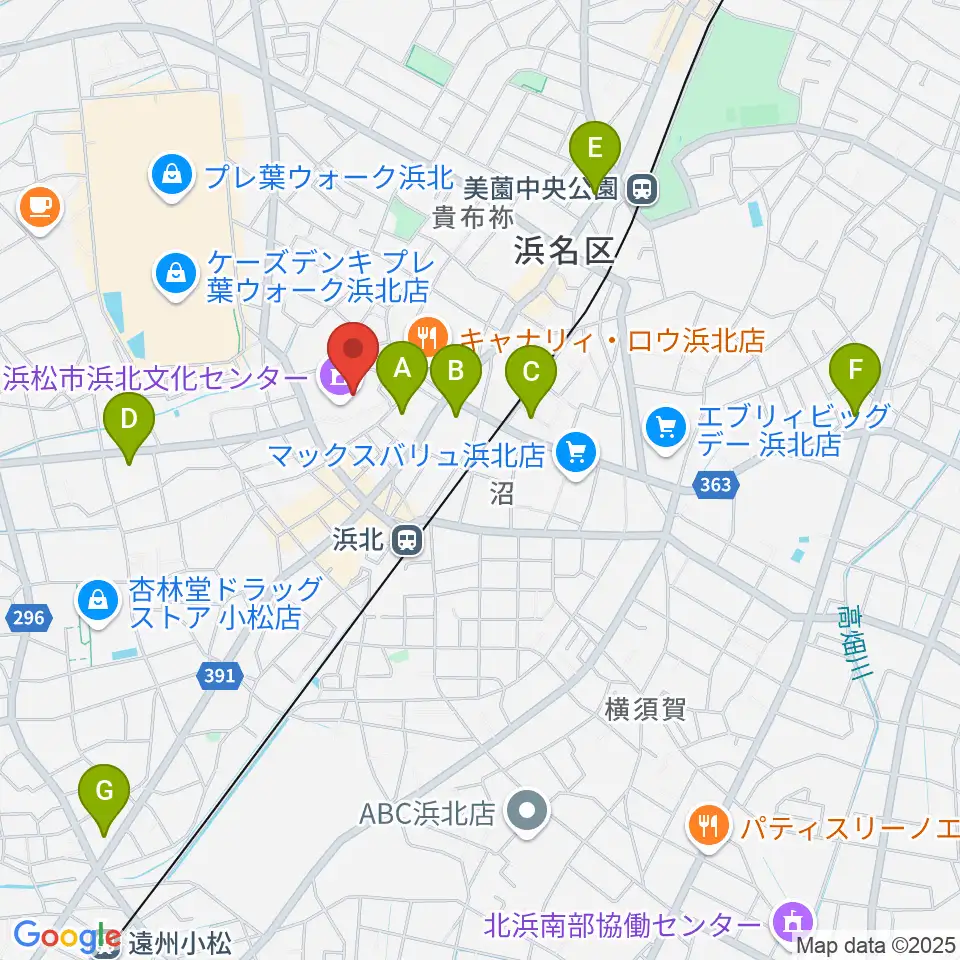 浜松市浜北文化センター周辺のコンビニエンスストア一覧地図