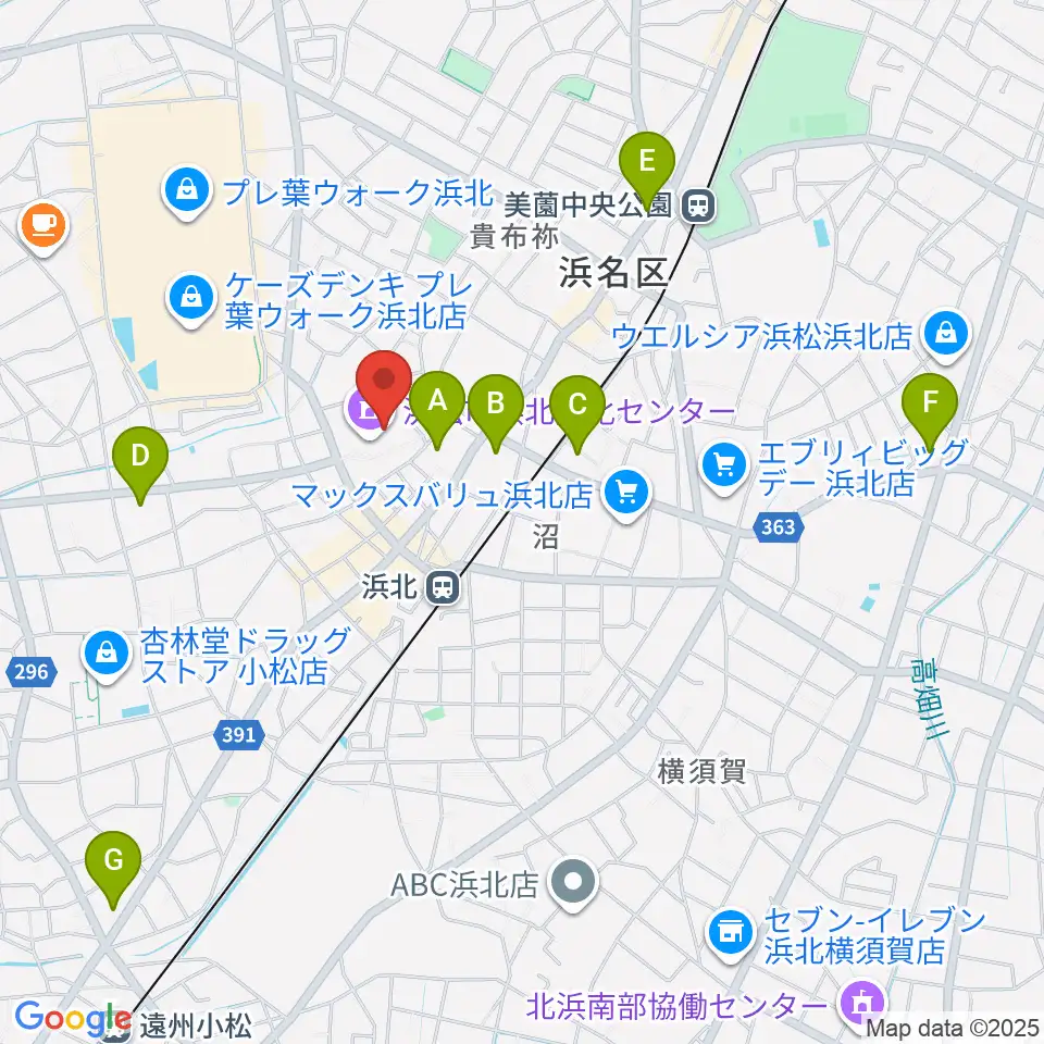 浜松市浜北文化センター周辺のコンビニエンスストア一覧地図