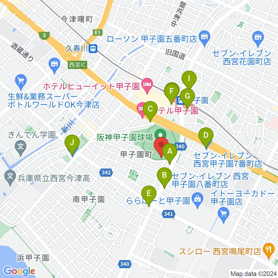 阪神甲子園球場周辺のコンビニエンスストア一覧地図