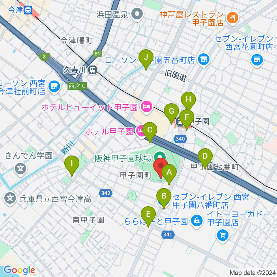 阪神甲子園球場周辺のコンビニエンスストア一覧地図