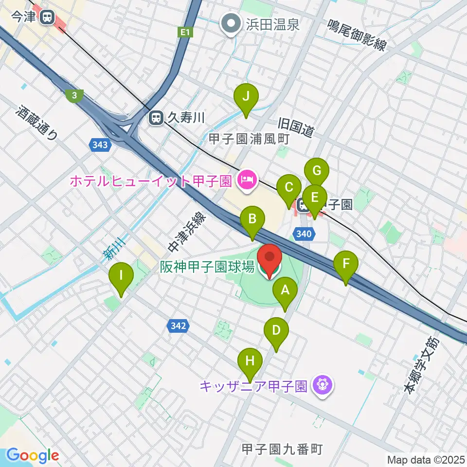 阪神甲子園球場周辺のコンビニエンスストア一覧地図