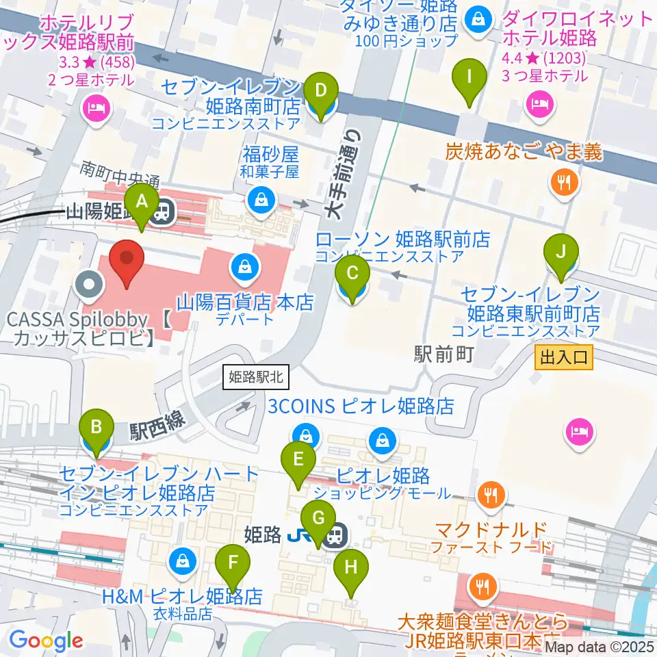 姫路キャスパホール周辺のコンビニエンスストア一覧地図