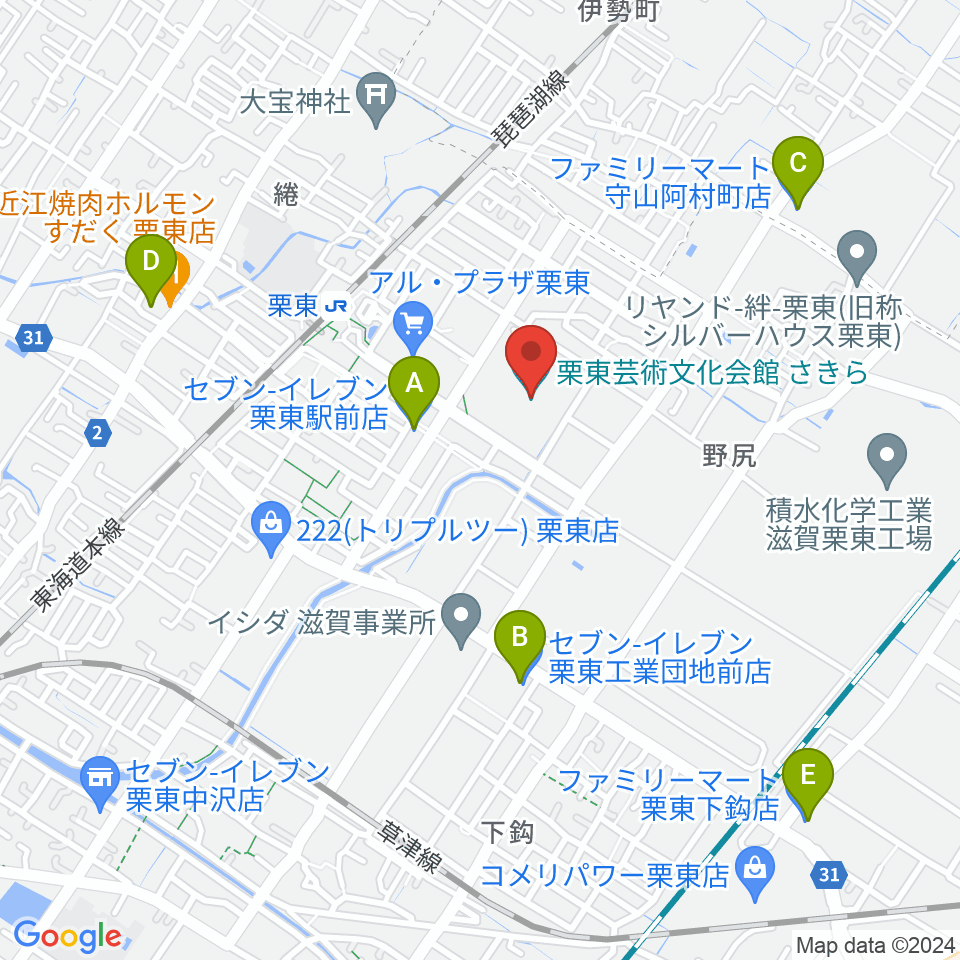 栗東芸術文化会館さきら周辺のコンビニエンスストア一覧地図