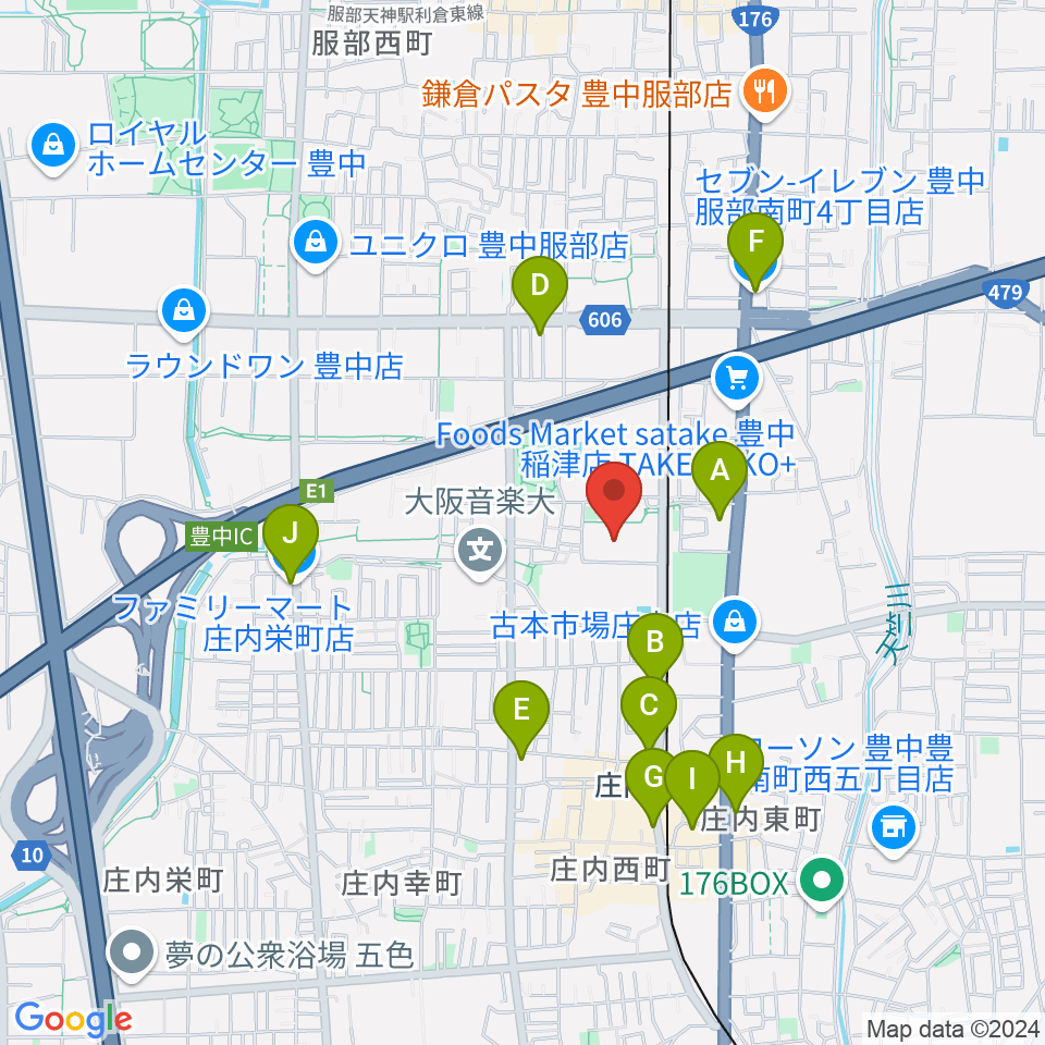 豊中市立ローズ文化ホール周辺のコンビニエンスストア一覧地図