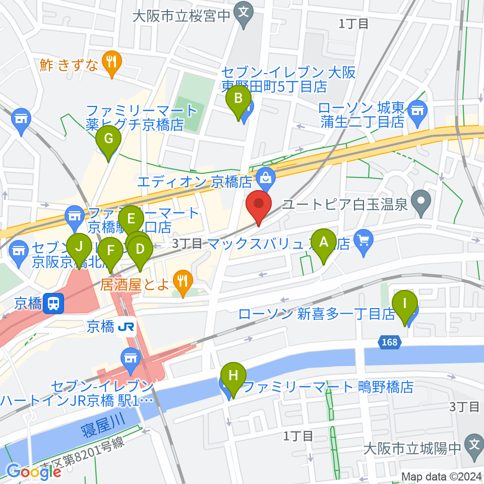 ベースオントップ京橋店周辺のコンビニエンスストア一覧地図