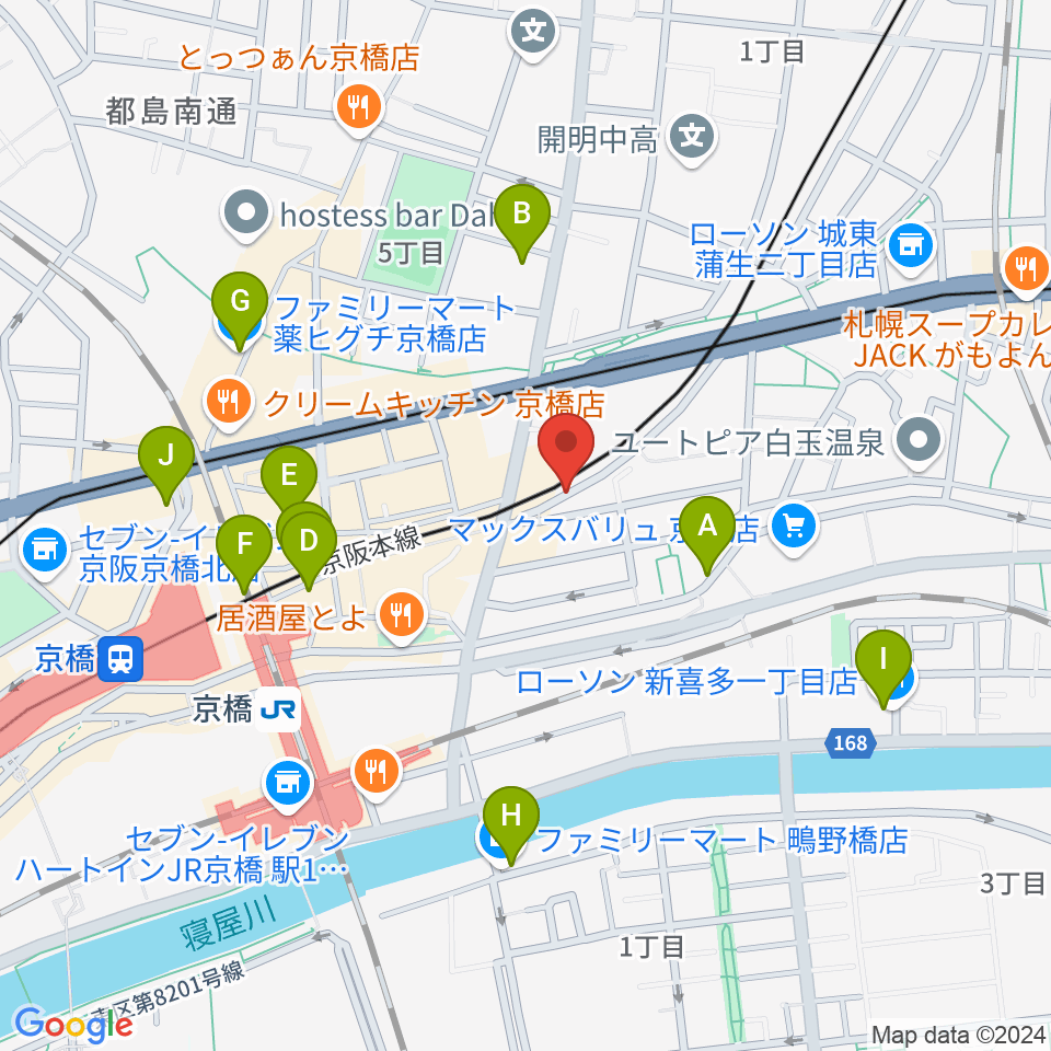 ベースオントップ京橋店周辺のコンビニエンスストア一覧地図