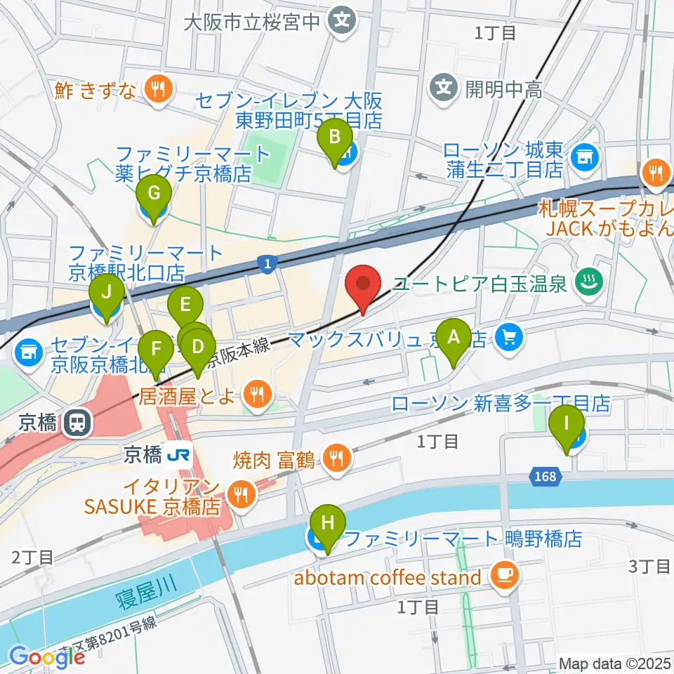 ベースオントップ京橋店周辺のコンビニエンスストア一覧地図