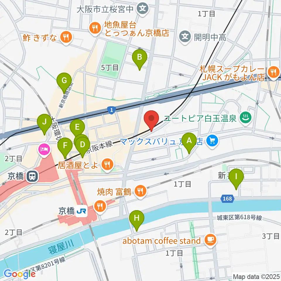 ベースオントップ京橋店周辺のコンビニエンスストア一覧地図