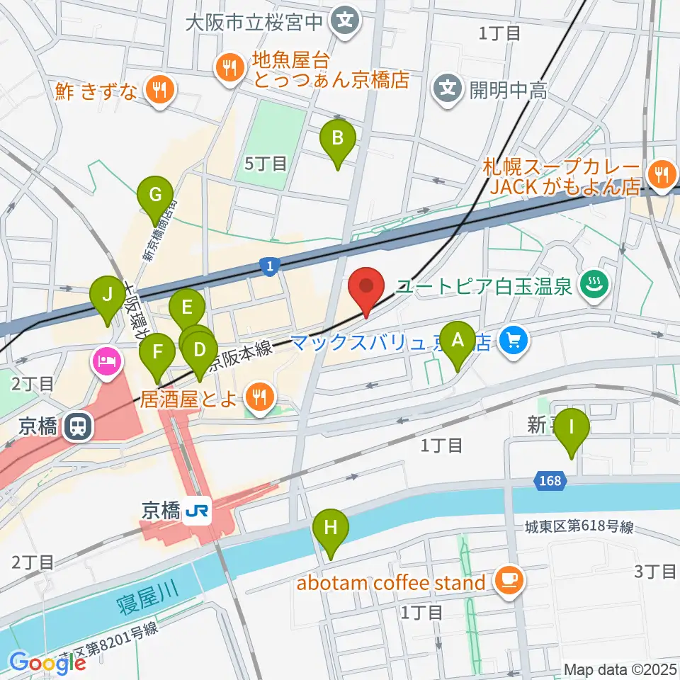 ベースオントップ京橋店周辺のコンビニエンスストア一覧地図