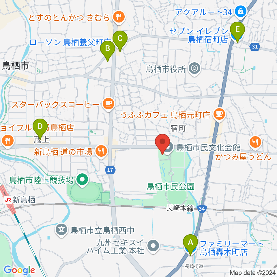 鳥栖市民文化会館周辺のコンビニエンスストア一覧地図