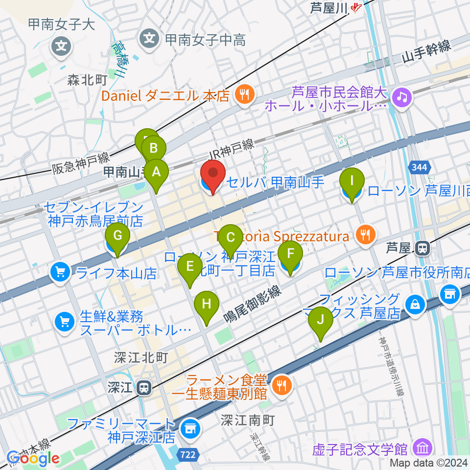 甲南山手カルチャーセンター周辺のコンビニエンスストア一覧地図