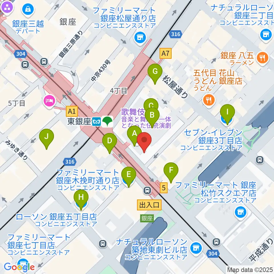 歌舞伎座周辺のコンビニエンスストア一覧地図