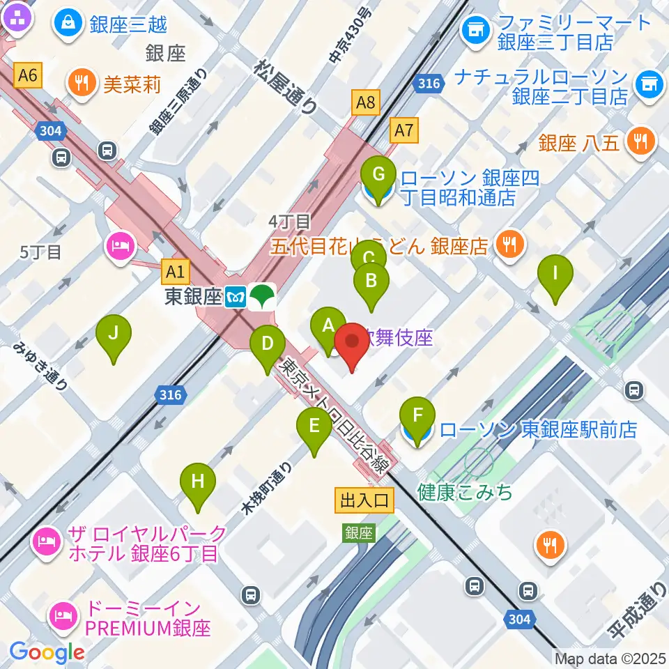 歌舞伎座周辺のコンビニエンスストア一覧地図