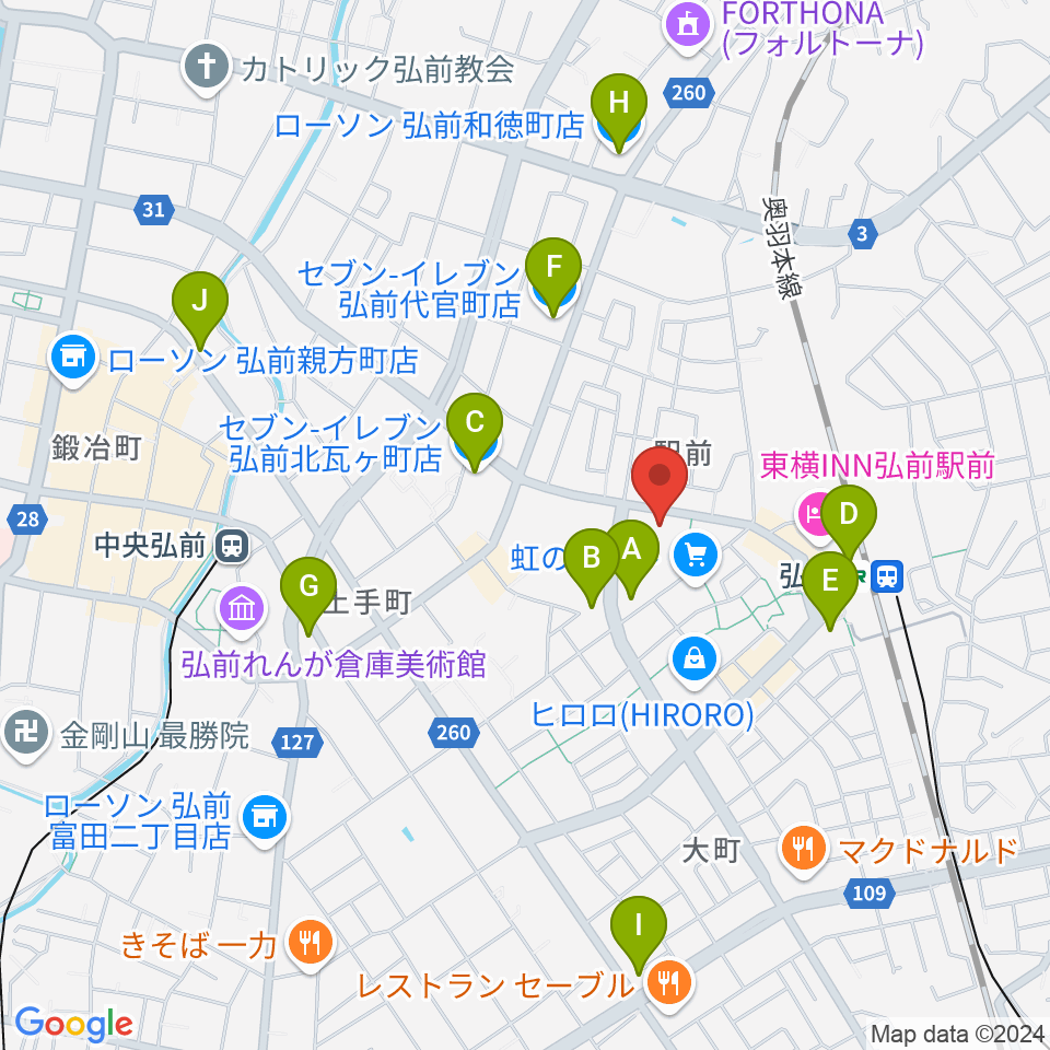 ヨークカルチャーセンター弘前周辺のコンビニエンスストア一覧地図