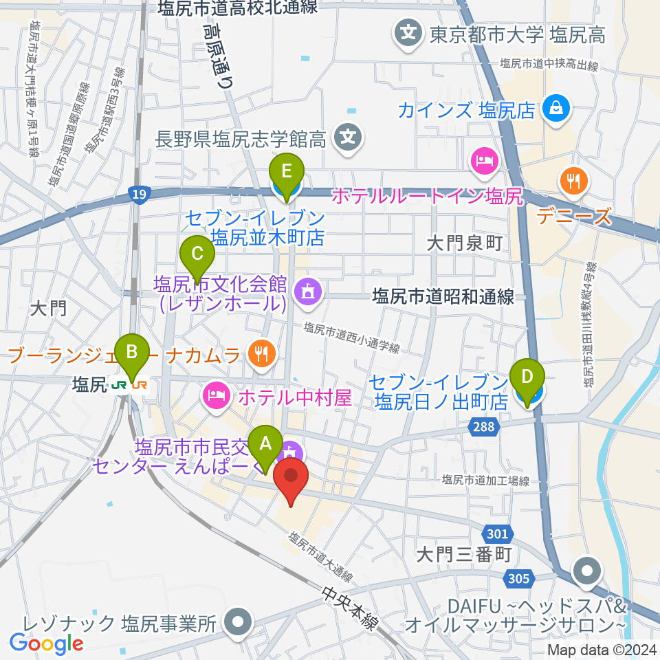 塩尻市民カルチャーセンター周辺のコンビニエンスストア一覧地図