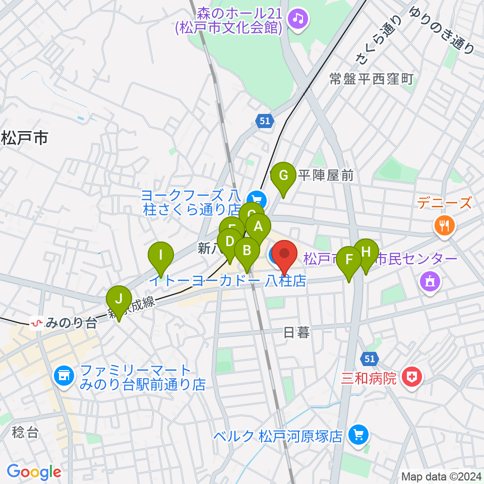 ヨークカルチャーセンター八柱周辺のコンビニエンスストア一覧地図