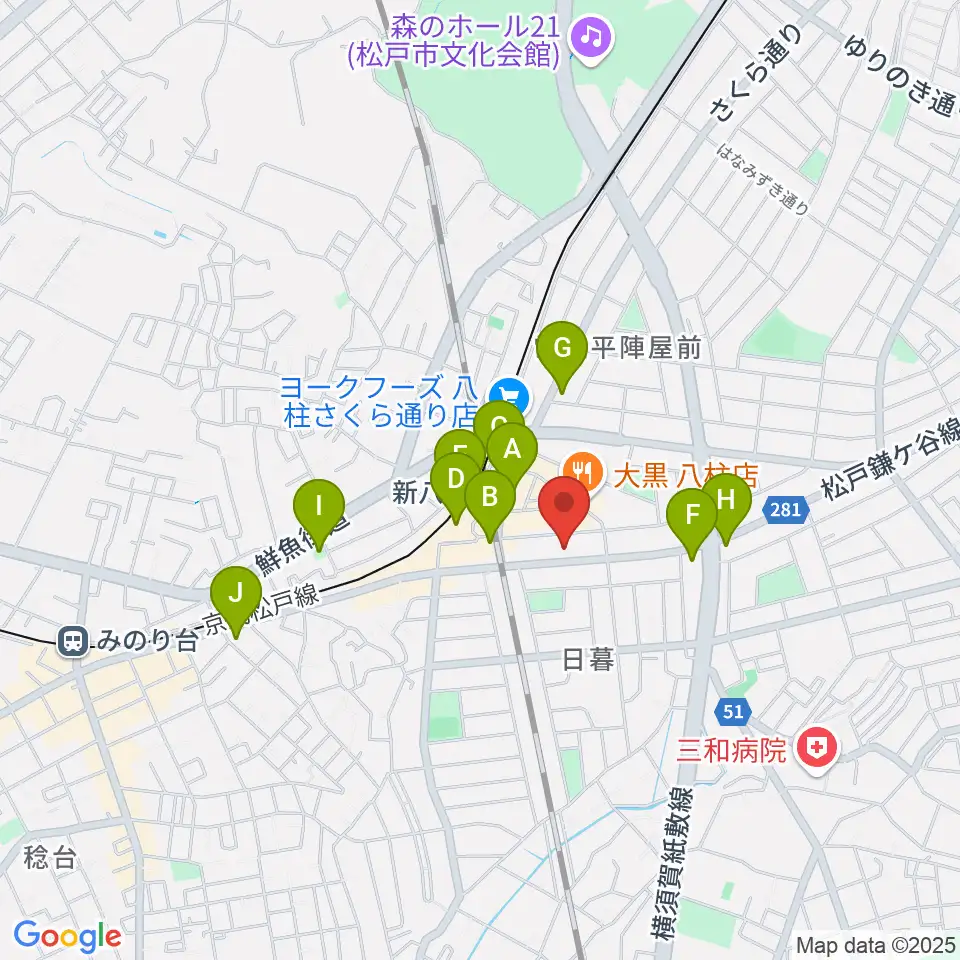 ヨークカルチャーセンター八柱周辺のコンビニエンスストア一覧地図