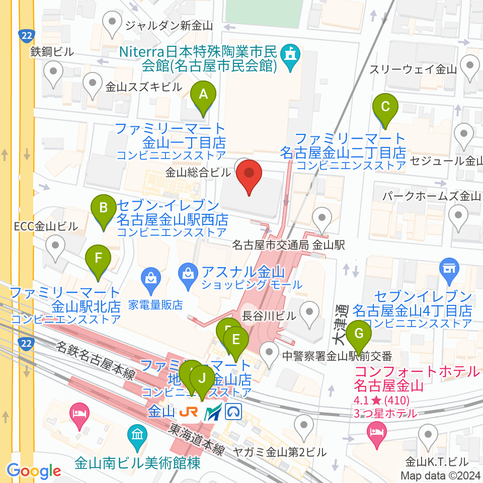 ヨモギヤ楽器 金山センター周辺のコンビニエンスストア一覧地図