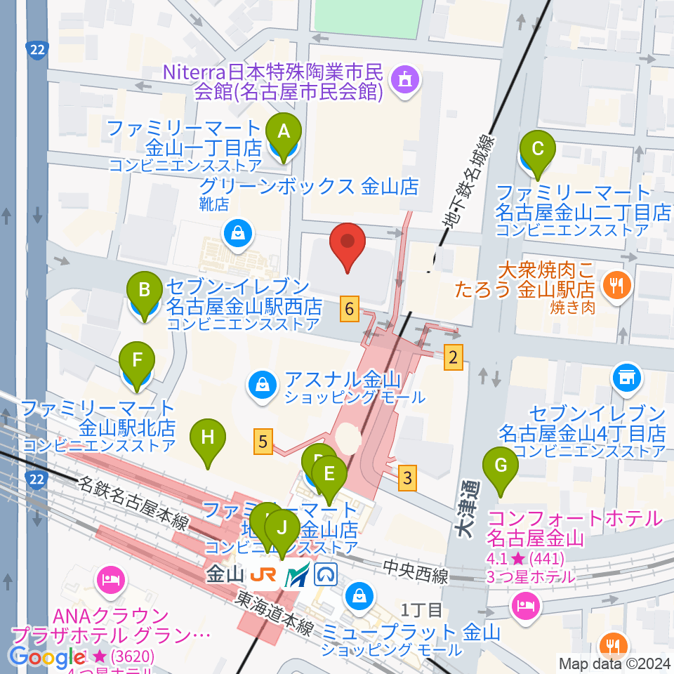 ヨモギヤ楽器 金山センター周辺のコンビニエンスストア一覧地図