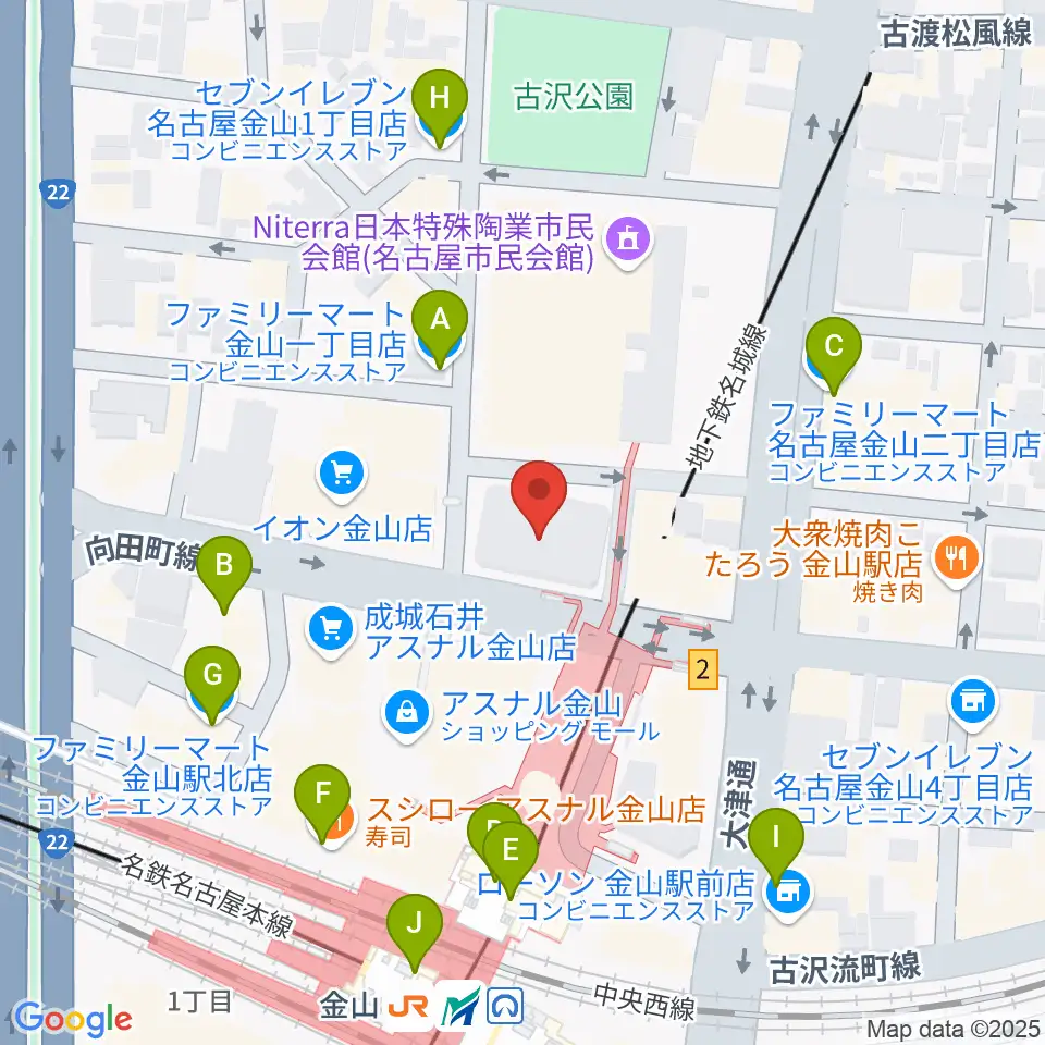 ヨモギヤ楽器 金山センター周辺のコンビニエンスストア一覧地図