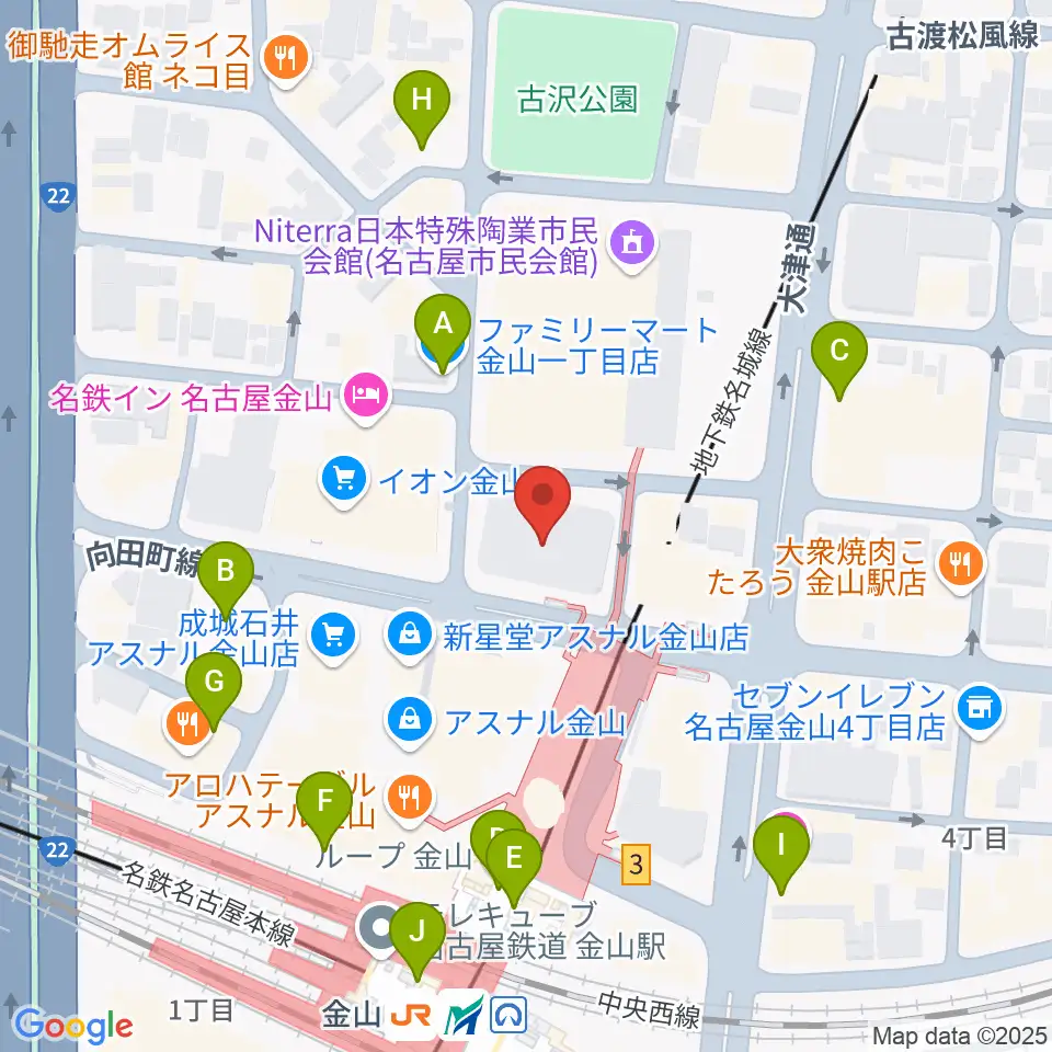 ヨモギヤ楽器 金山センター周辺のコンビニエンスストア一覧地図