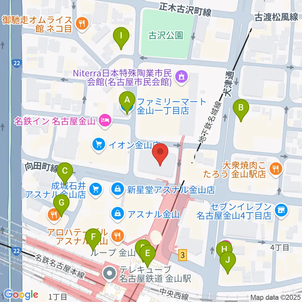 ヨモギヤ楽器 金山センター周辺のコンビニエンスストア一覧地図